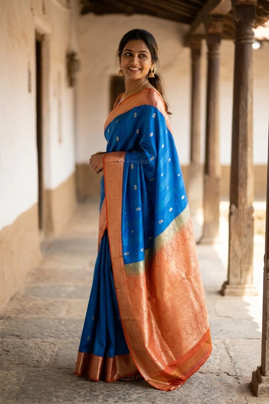 Royal Blue & Orangish Rust Silk Saree with Woven Work and Classical Border, Contrast Border, Contrast Woven Zari – Model Displaying Full Saree