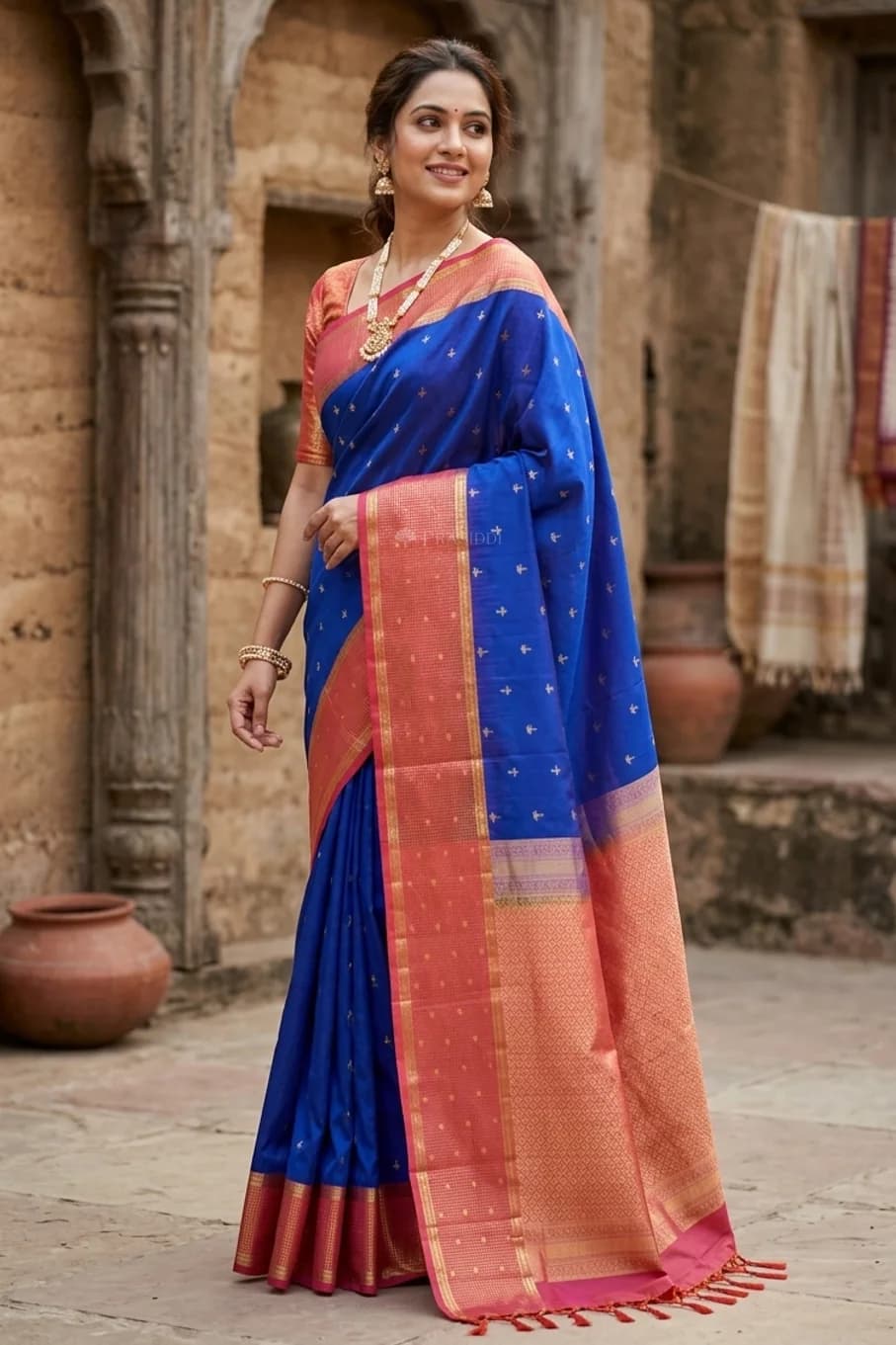Royal Blue & Orangish Rust Soft Silk Saree with Woven Work and Butti Motifs and contrast woven zari border – Display Image