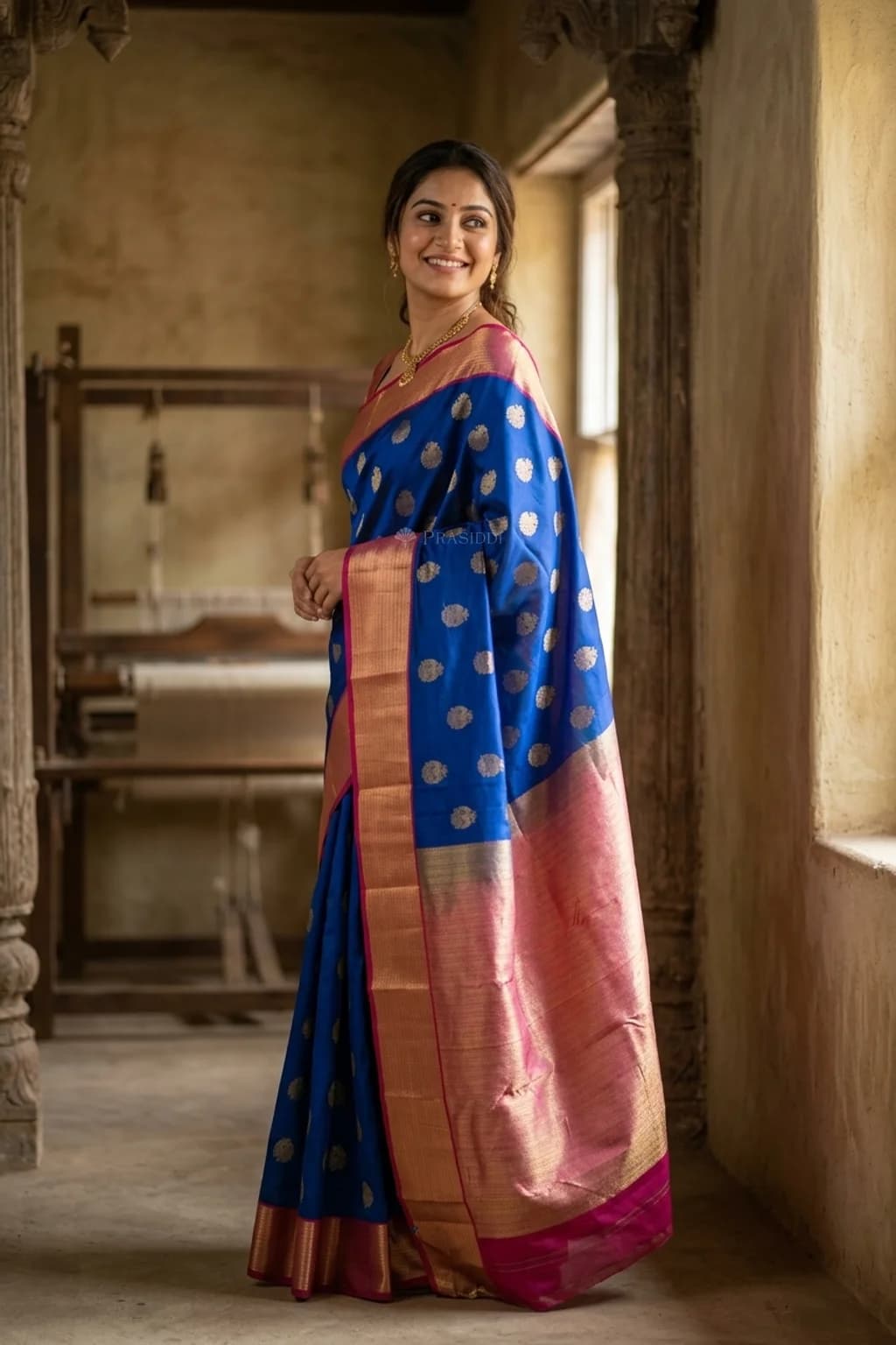 Royal Blue Pink Silk Saree with Gandaberunda Motif and Contrast Border. – Model Displaying Full Saree