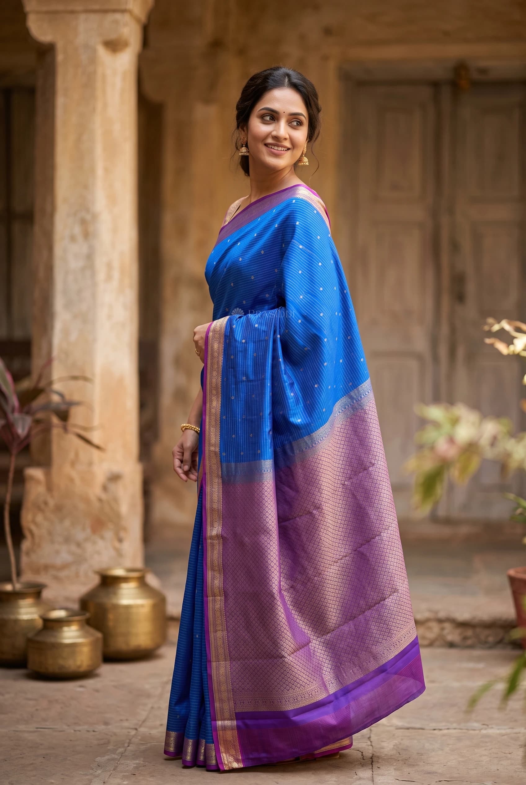Royal Blue & Plum Silk Saree with Woven Work and Contrast Border – Model Displaying Full Saree