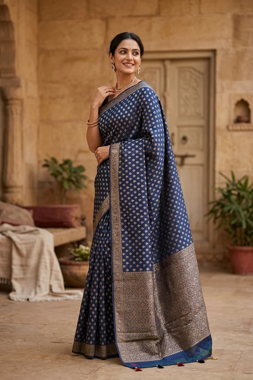 Royal Blue Silk Cotton Saree with Butti Motifs and Classical Border – Model Displaying Full Saree