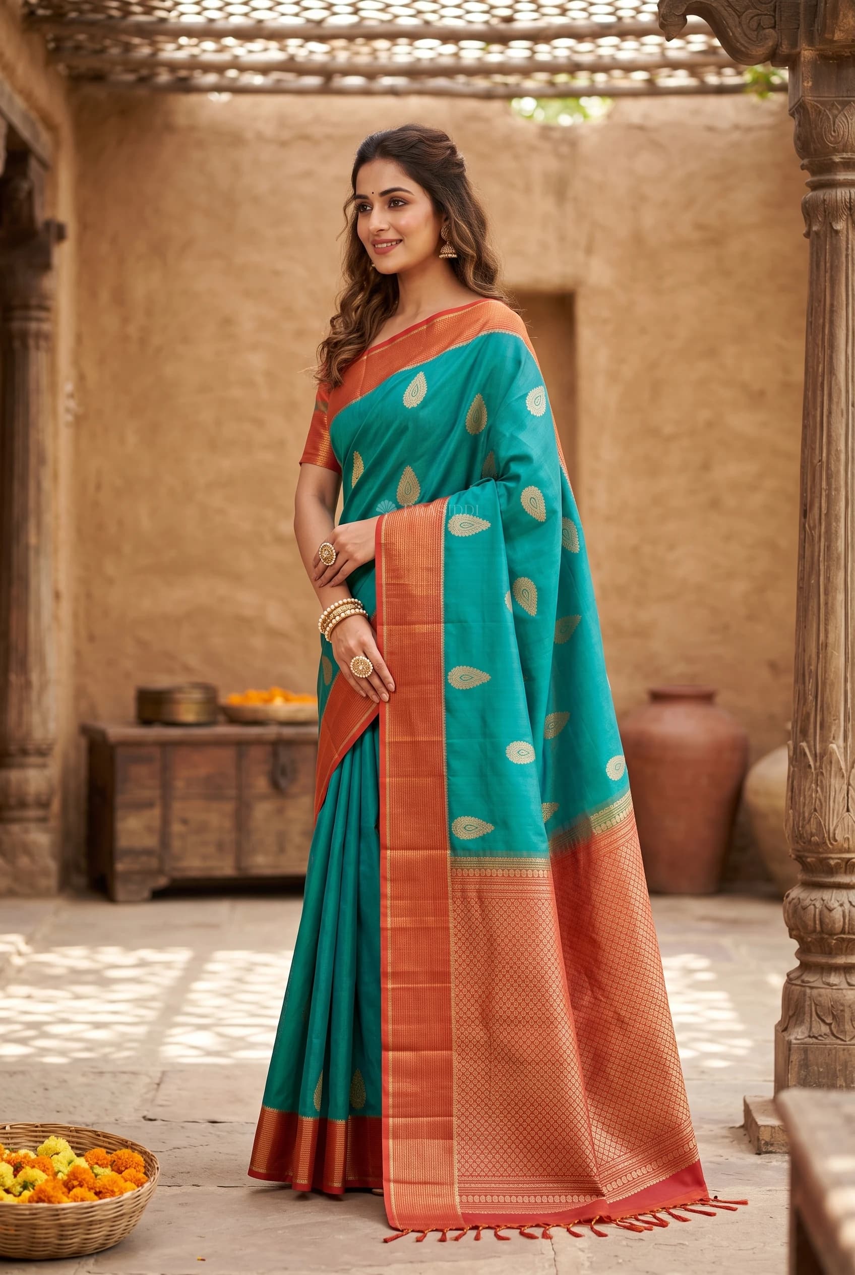 Royal Blue Soft Silk Saree with Pinkish Rust Border and Pallu. – Model Displaying Full Saree