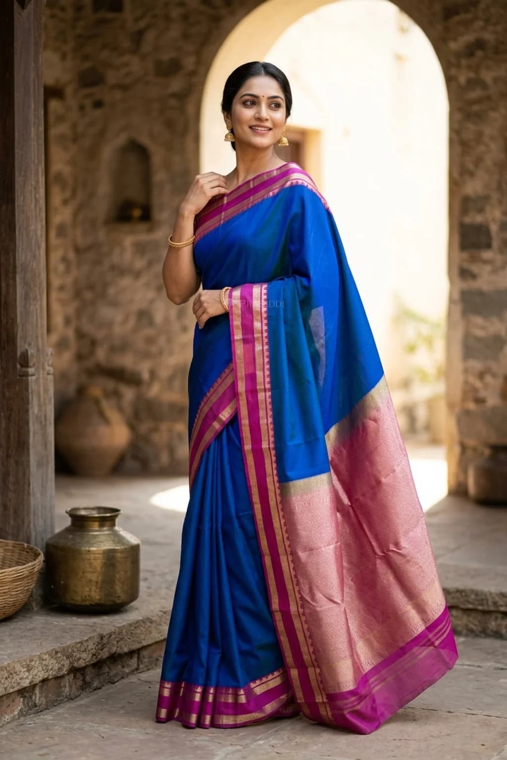 Royal Blue & Violet Silk Saree with Woven Work – Model Displaying Full Saree