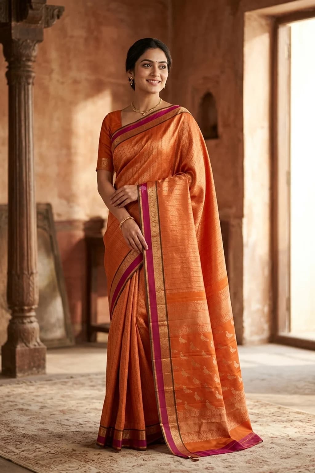 Rust and Brick Red Double Border Woven Silk Saree – Model Displaying Full Saree