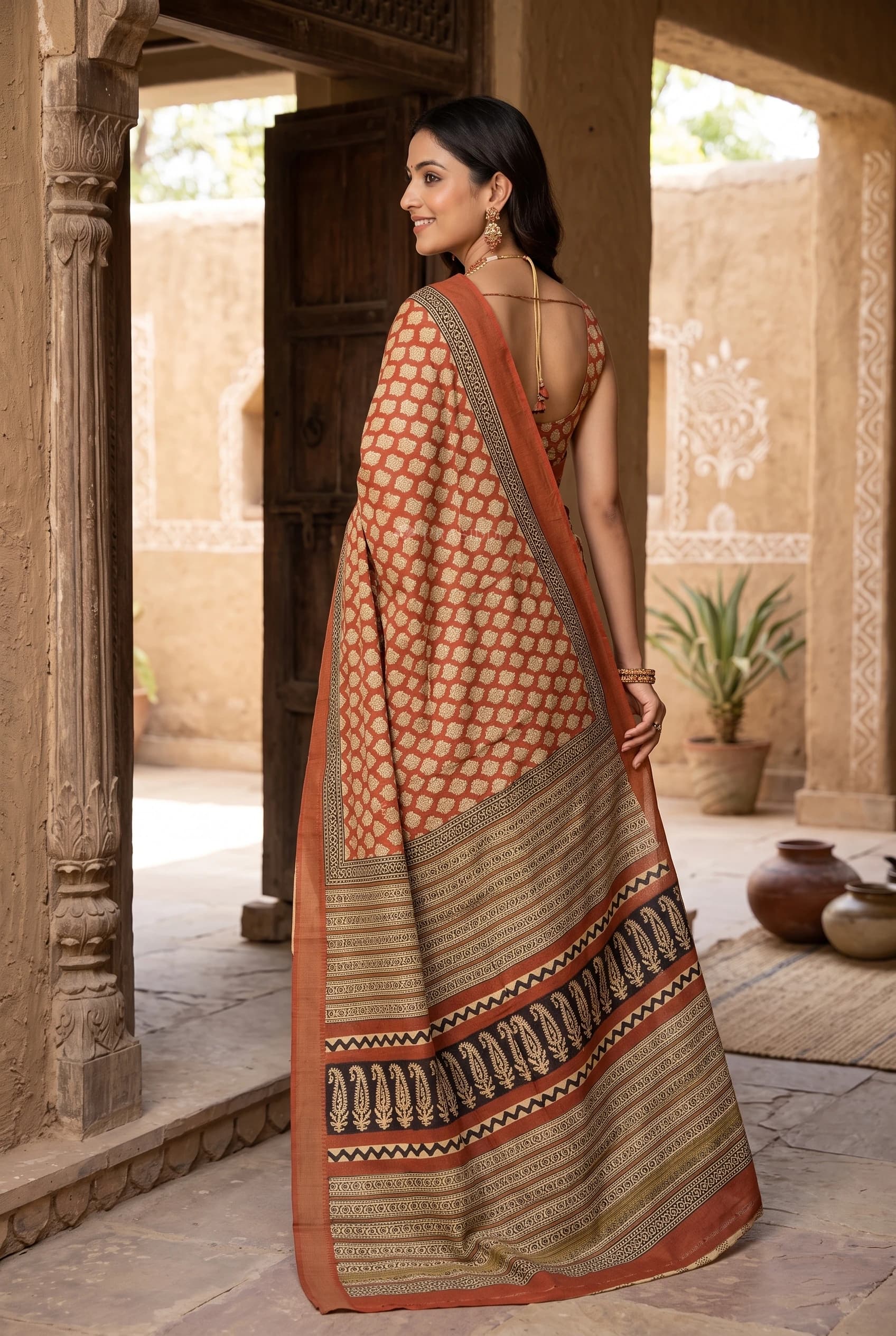 Rust Maheshwari Silk Cotton Saree with Printed Work and Classical Border, Contrast Border – Model Displaying Full Saree