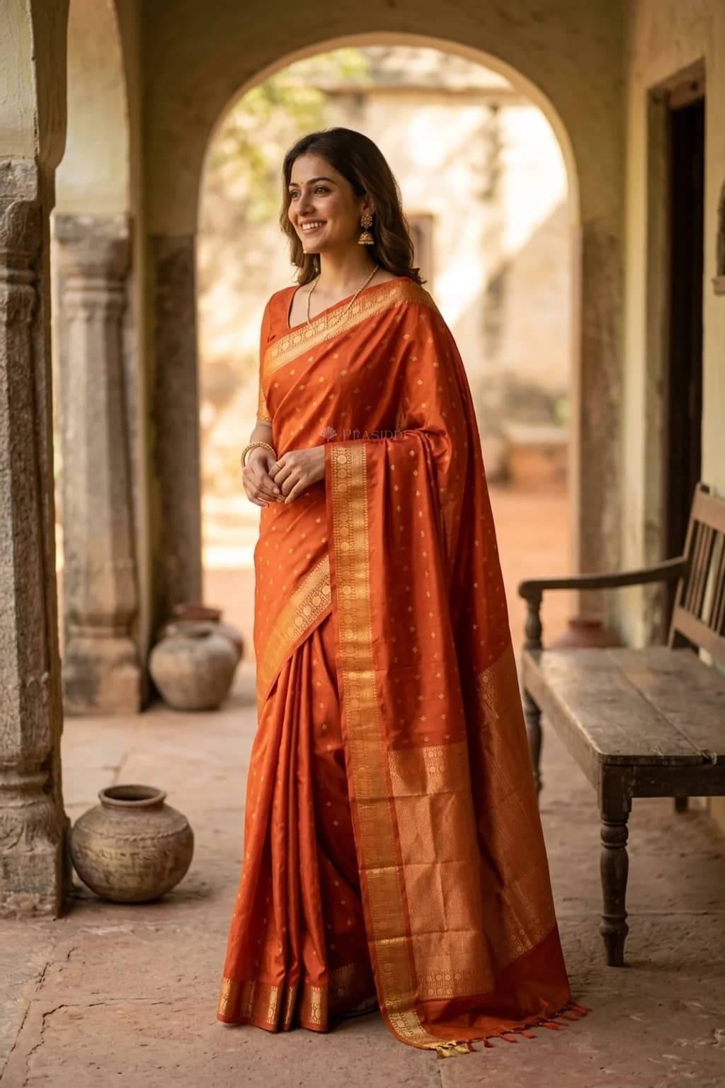 Rustic Orange Silk Saree Featuring Butti Design and Classical Border – Model Displaying Full Saree