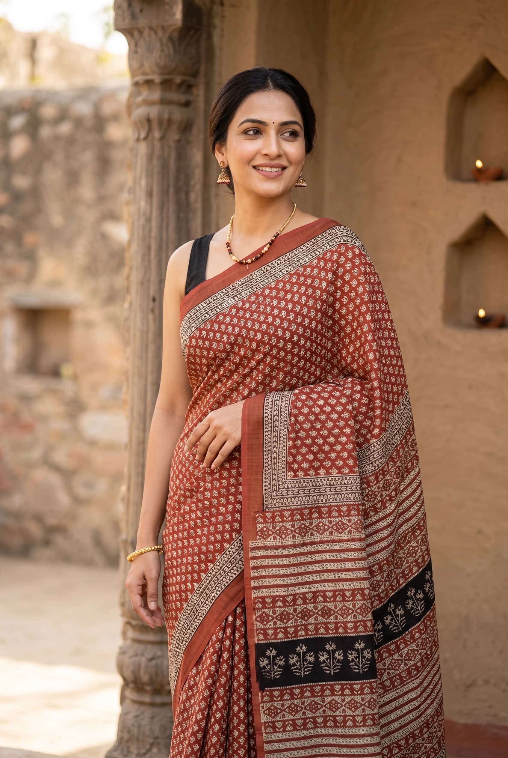 Rustic Red and Dark Grey Maheshwari Silk Cotton Saree with Classical Border and Printed Design. – Model Displaying Full Saree