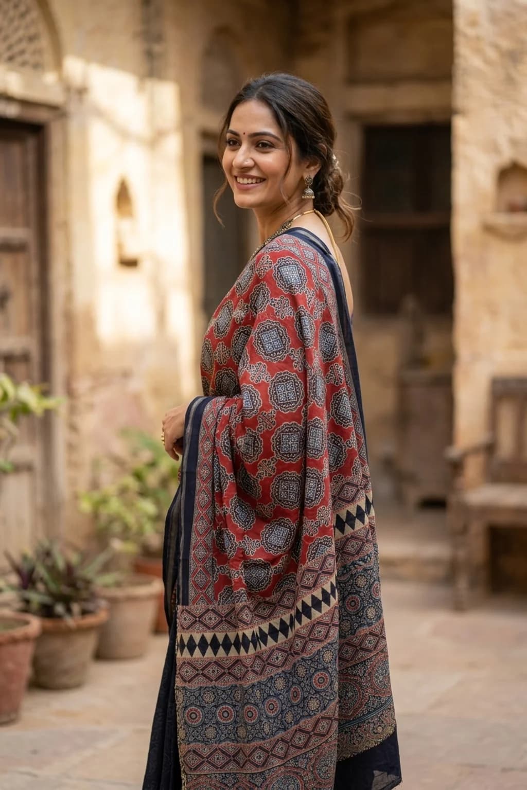 Rustic Red & Dark Grey Maheshwari Silk Cotton Saree with Printed Work and Contrast Border – Model Displaying Full Saree
