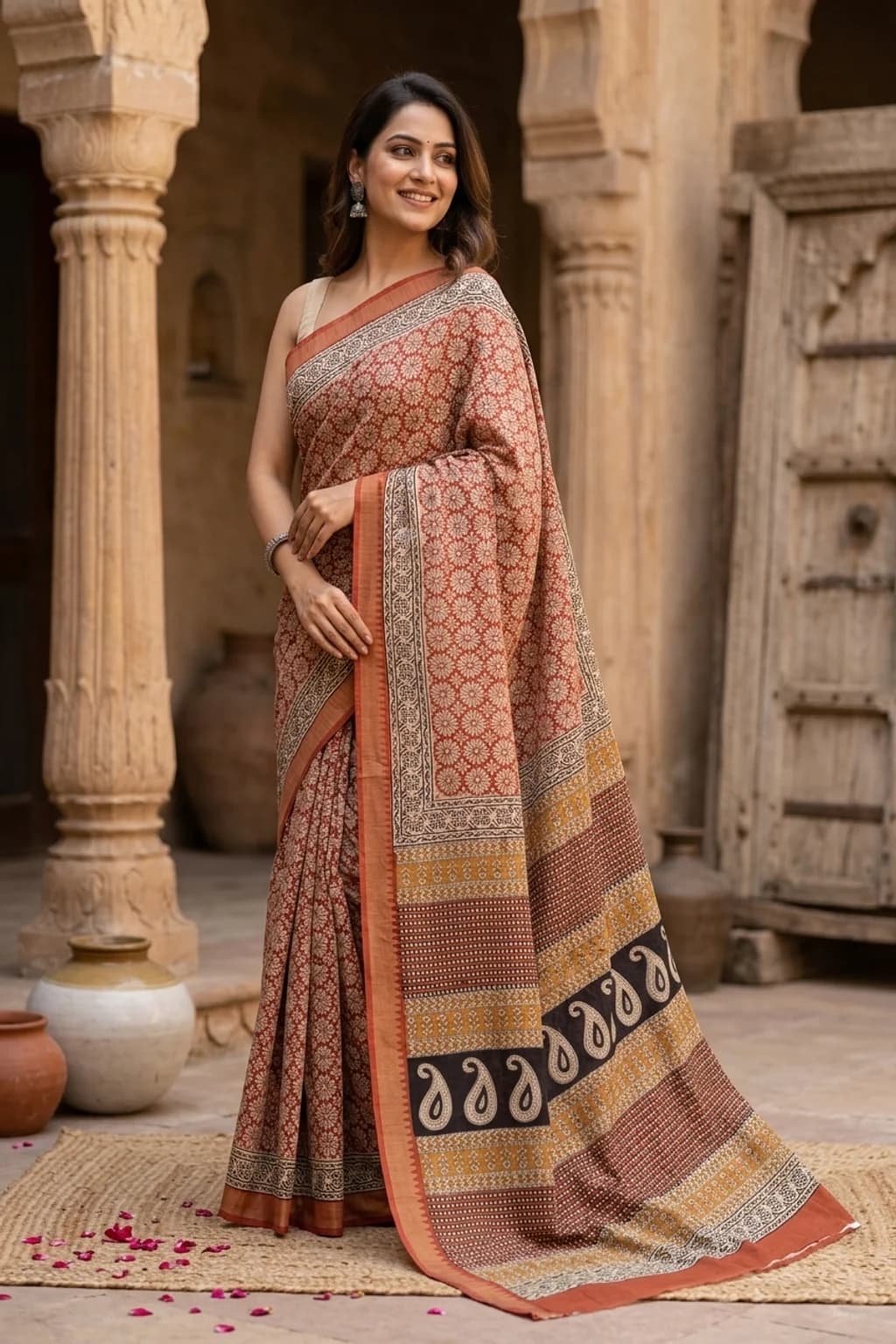 Rustic Red Maheshwari Silk Cotton Saree with Off-white Contrast Border – Model Displaying Full Saree