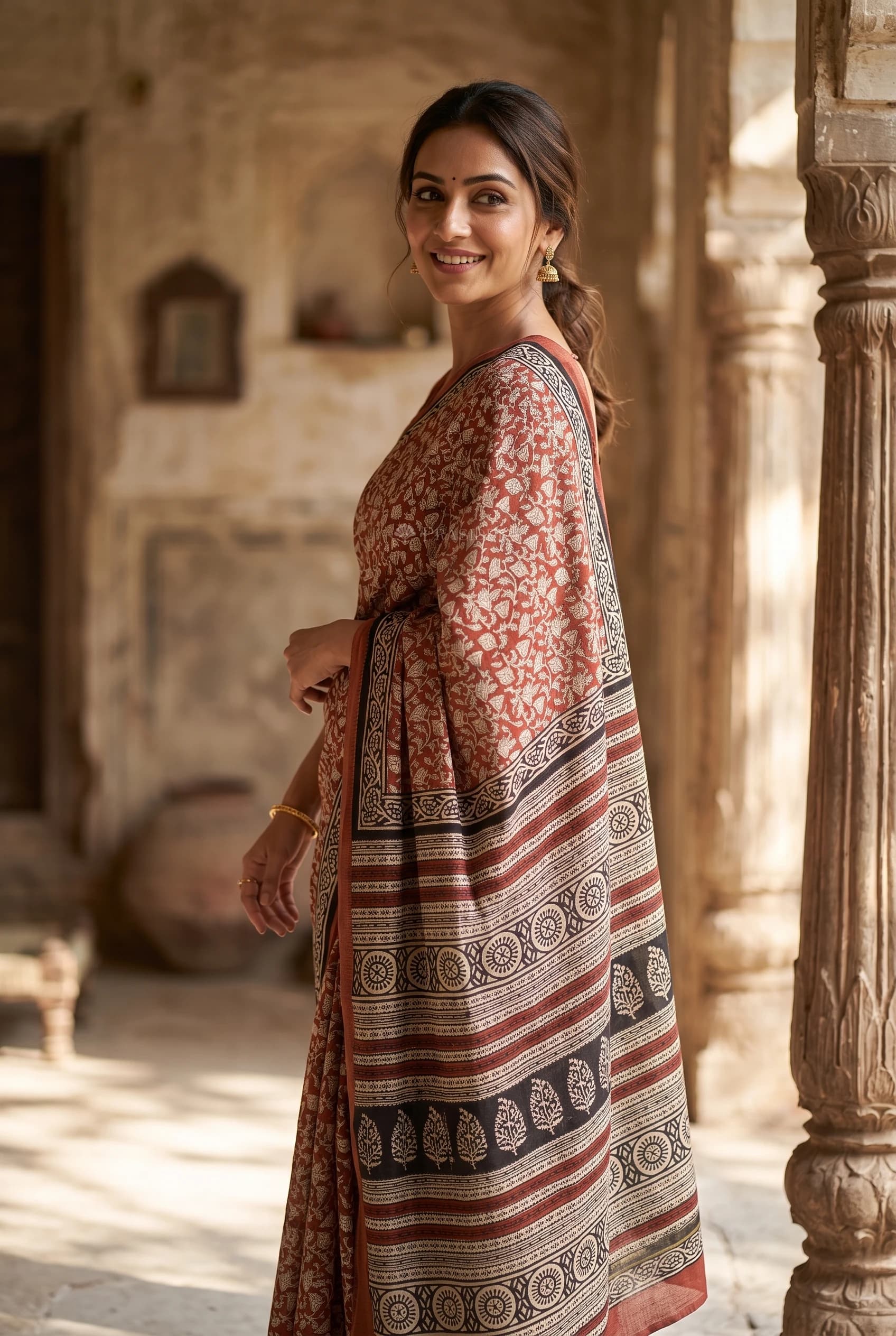 Rustic Red Maheshwari Silk Cotton Saree with Printed Work and a border – Model Displaying Full Saree