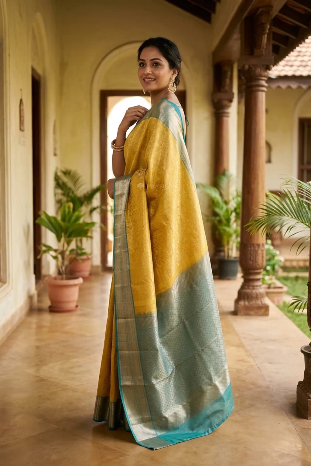 Saffron Silk Saree with Powder Blue Classical Border and Grand Pallu. – Model Displaying Full Saree