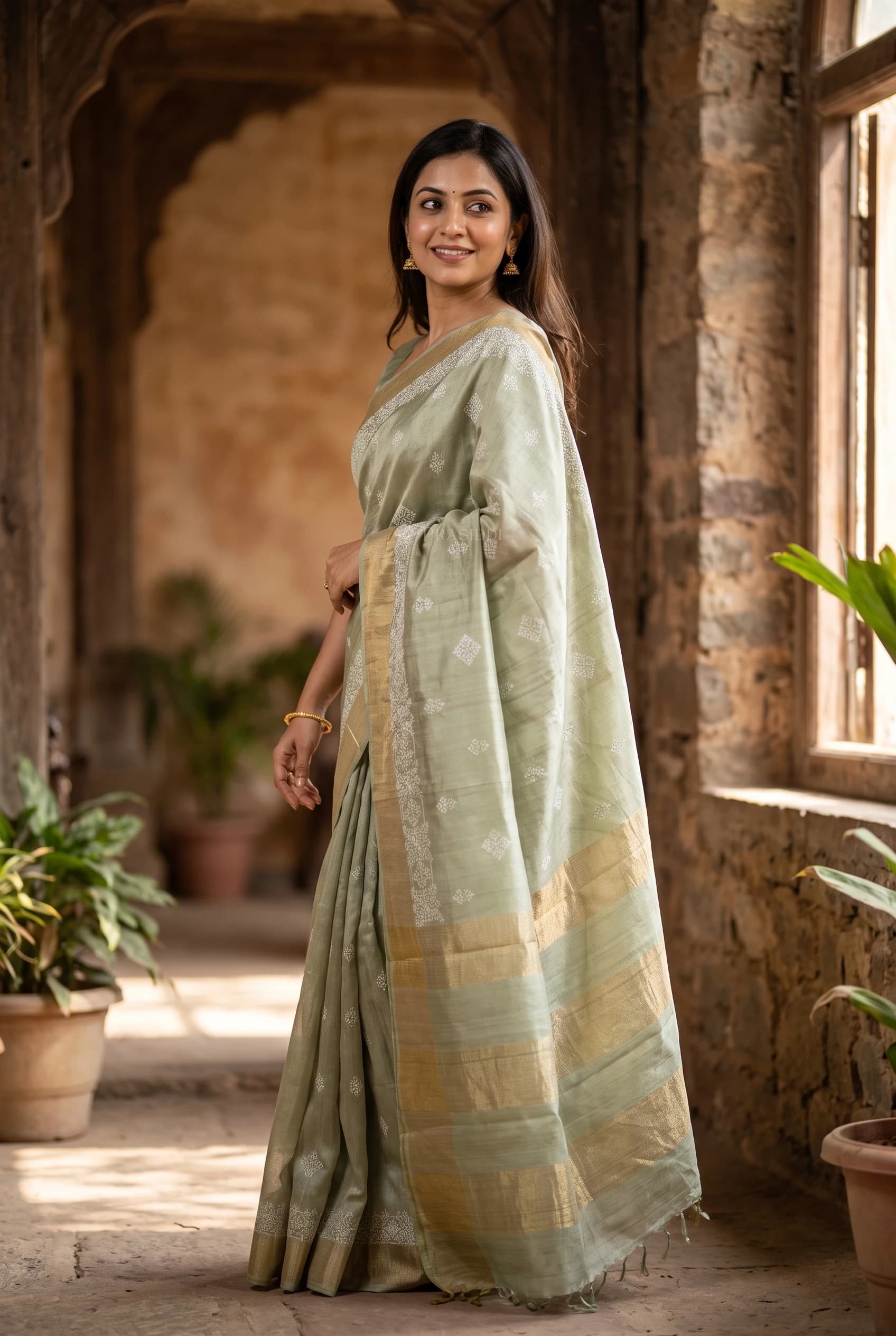 Sage Green Embroidered Tussar Silk Saree with Classical Border and Medium Density Design. – Model Displaying Full Saree