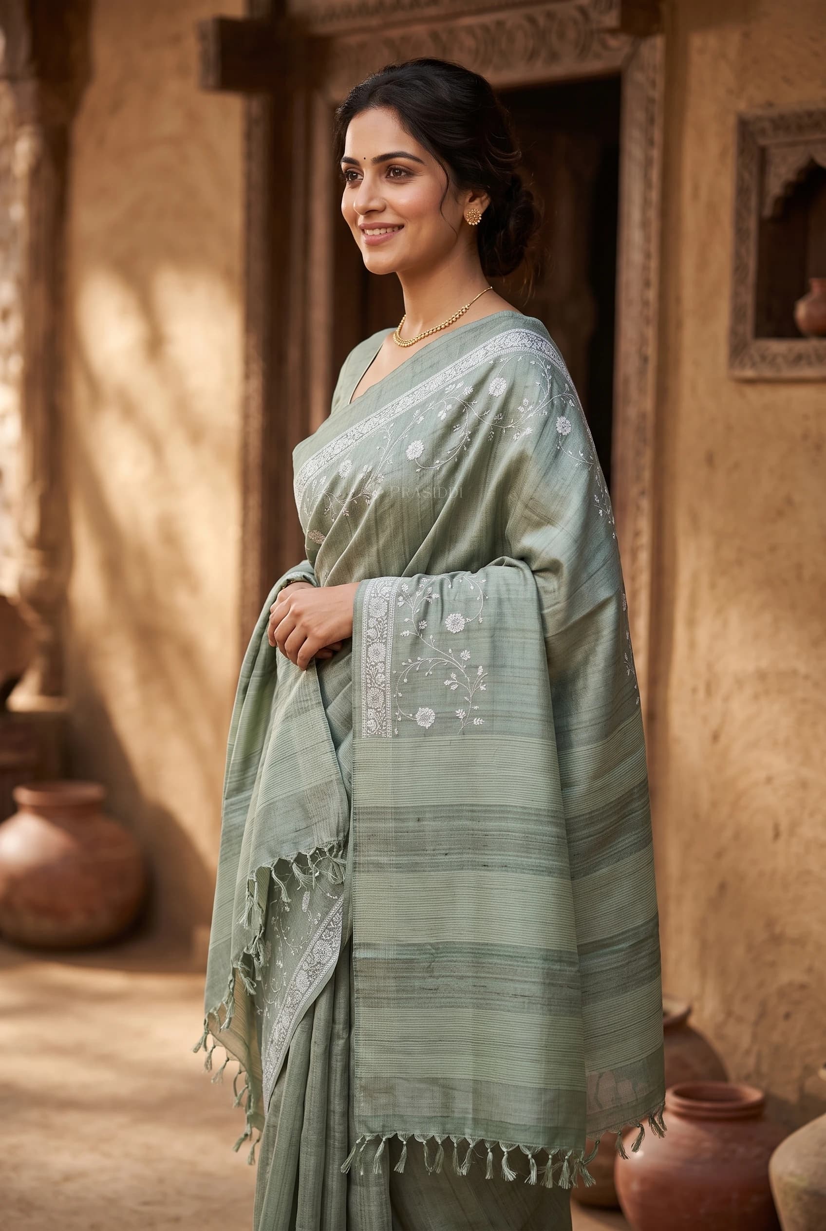 Sage Green Embroidered Tussar Silk Saree with Designer Border – Model Displaying Full Saree