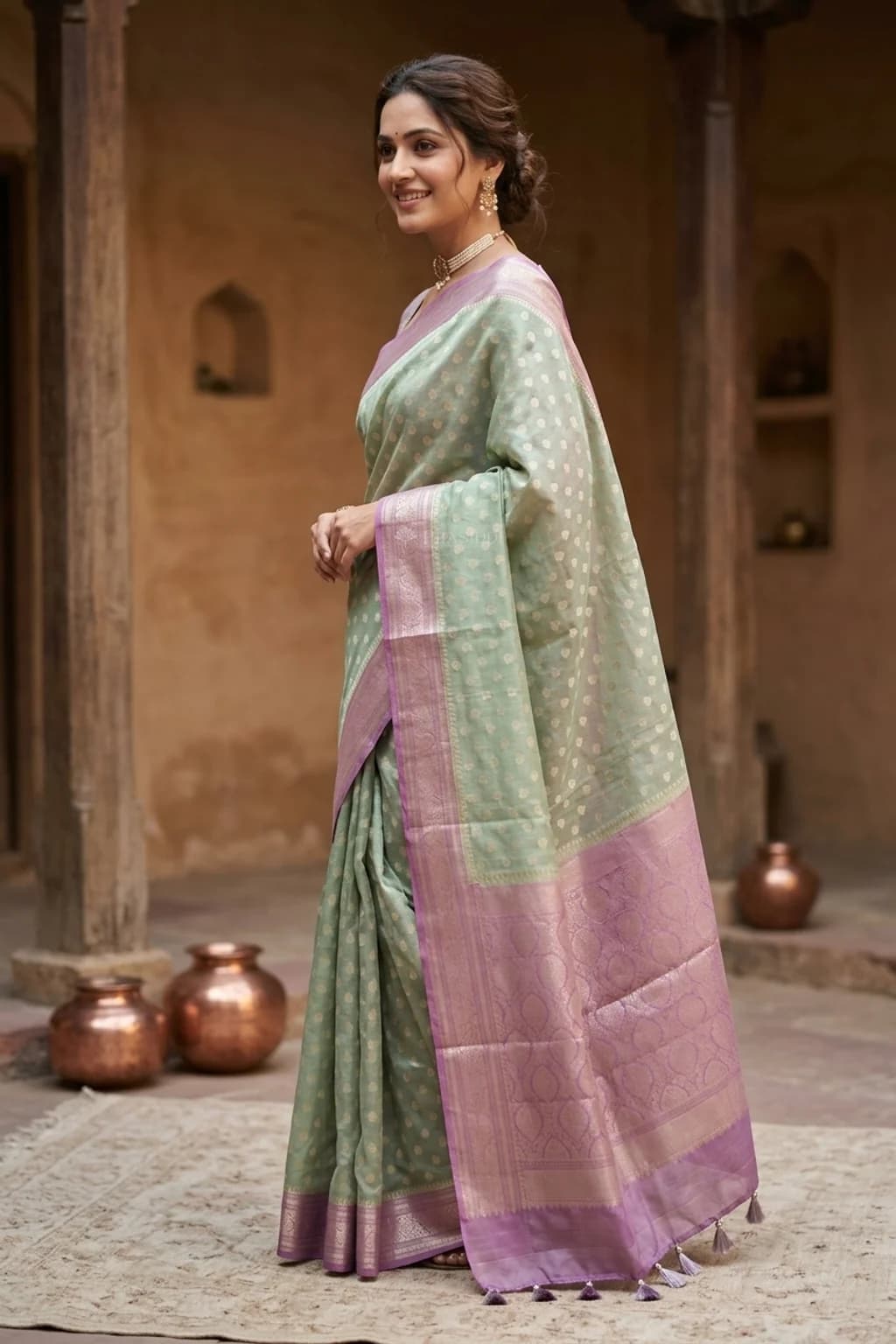 Sage Green Silk Cotton Saree with Orchid Butti Motif and Contrast Border. – Model Displaying Full Saree