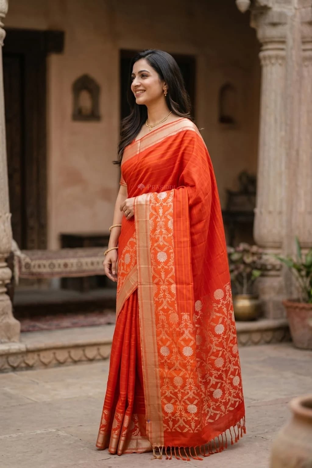 Scarlet Soft Silk Saree with Designer Border and Woven Details – Model Displaying Full Saree
