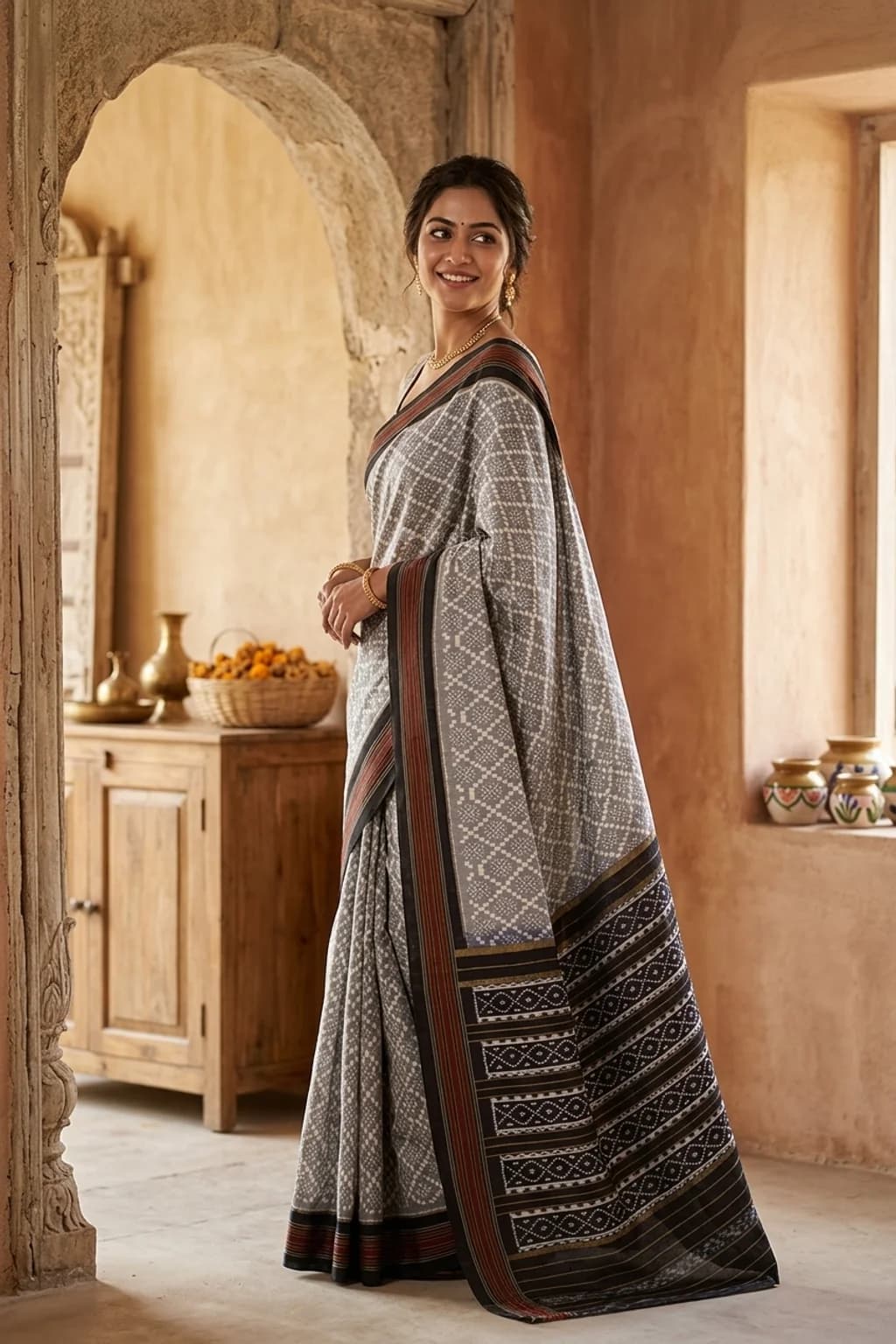Silver Grey and Dark Grey Ikat Silk Saree with Classical Border and Grand Pallu. – Model Displaying Full Saree