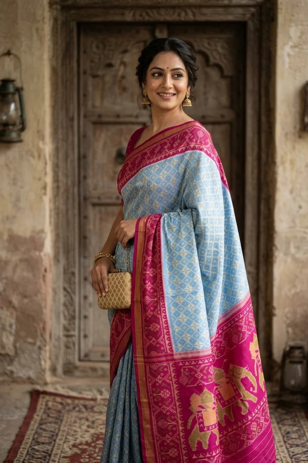 Slate Blue - Purple Patola Silk Saree with Pink Border and Grand Pallu. – Model Displaying Full Saree