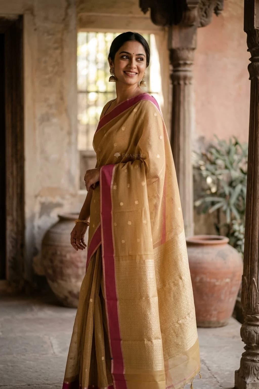 Tan and Blush Pink Butti Silk Cotton Saree with a Contrast Pink Border – Model Displaying Full Saree