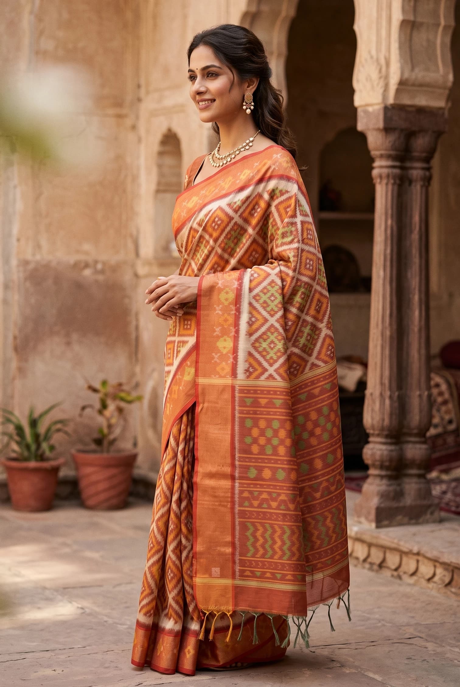 Tan & Orangish Pink Silk Cotton Saree with Printed, Woven Work and Contrast Border – Display Image