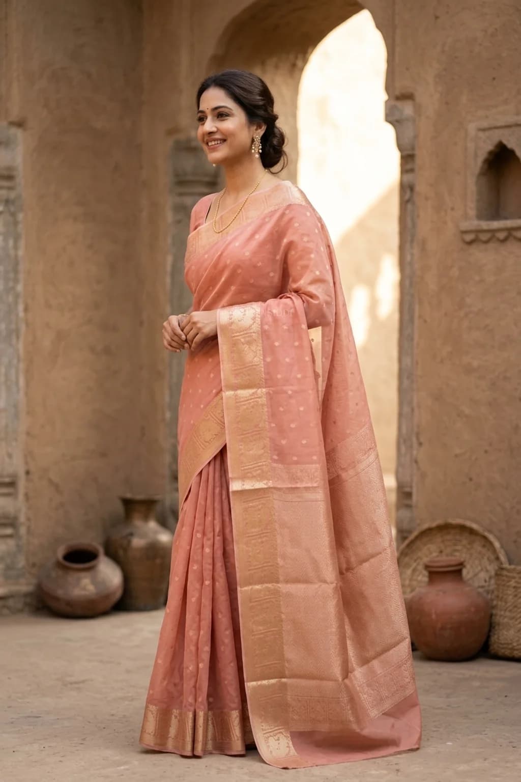 Tan Silk Cotton Saree with Butti Design and Classical Border. – Model Displaying Full Saree