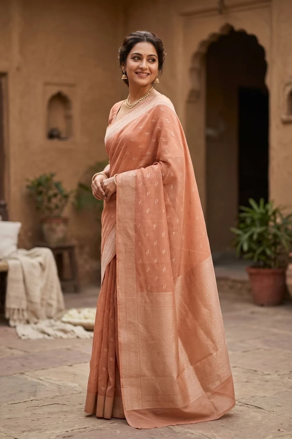 Tan Silk Cotton Saree with Butti Design and Minimal Border. – Model Displaying Full Saree