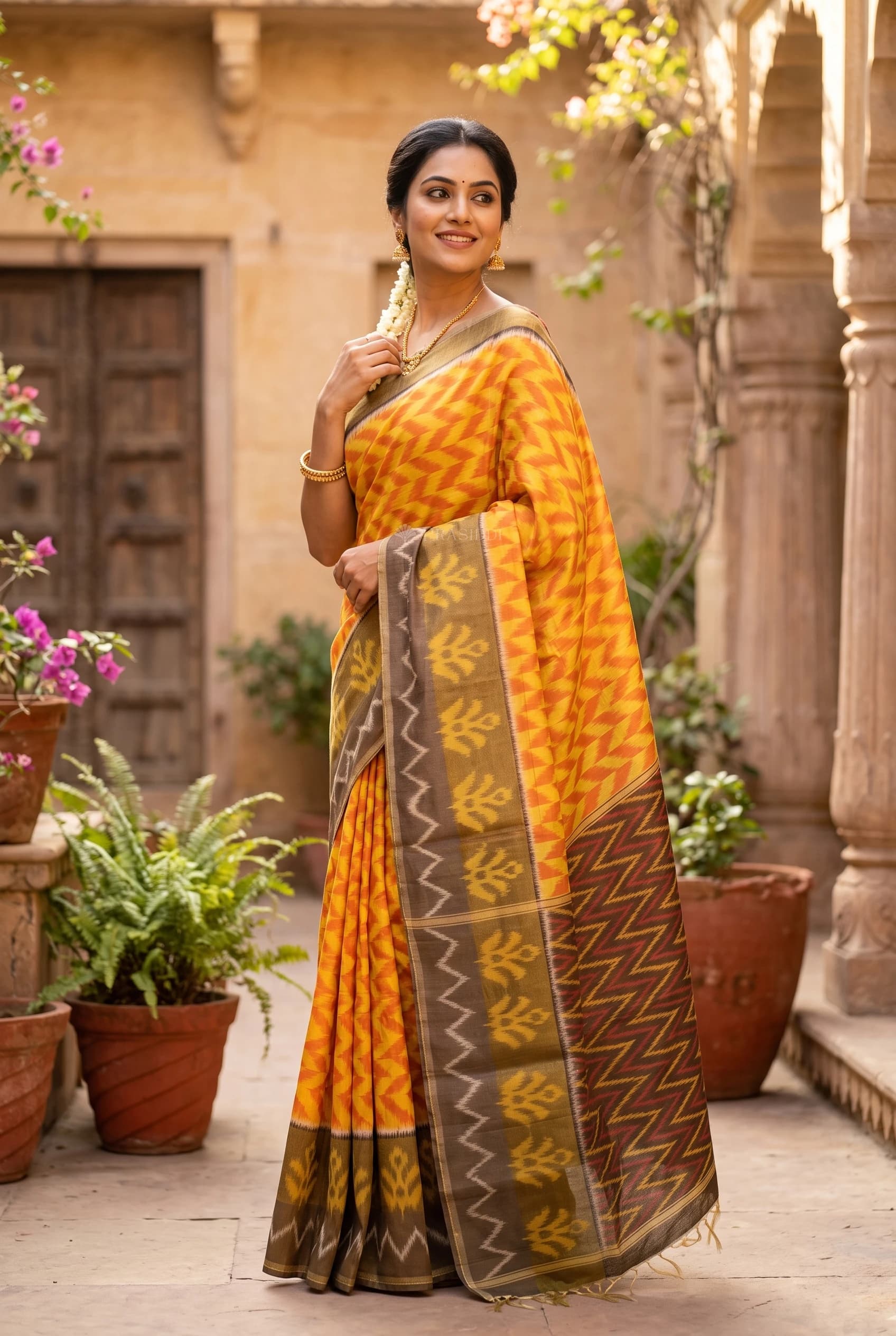 Tangerine and Olive Green Silk Cotton Saree with Classical Border and Woven Zari Detail. – Model Displaying Full Saree