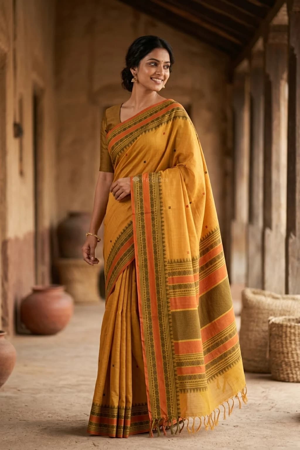 Tangerine and Orange Tadapathri Cotton Saree with Thread Work Butta and Contrast Border. – Model Displaying Full Saree