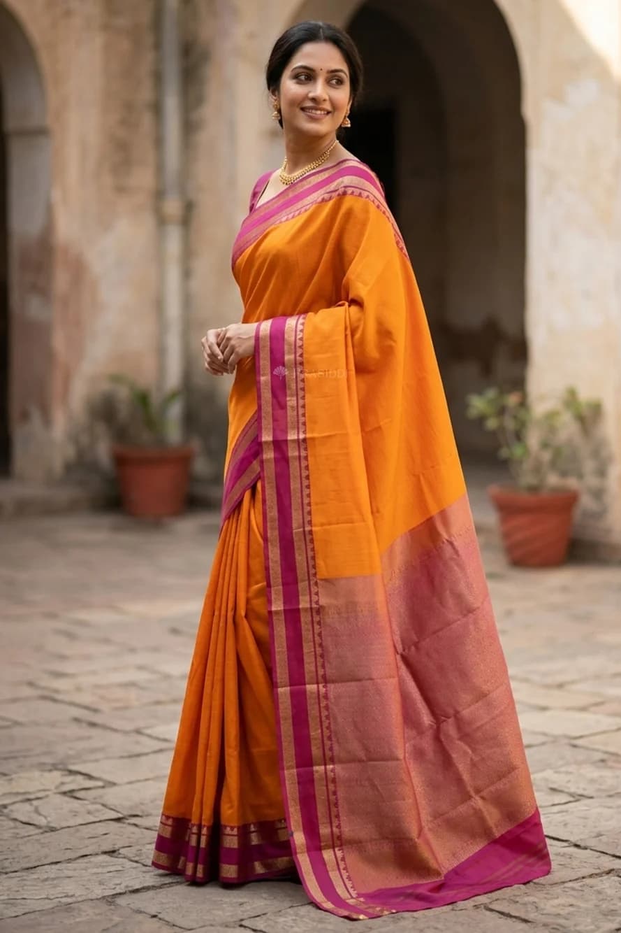 Tangerine and Plum Silk Saree with Contrast Border and Intricate Woven Zari Detailing. – Display Image