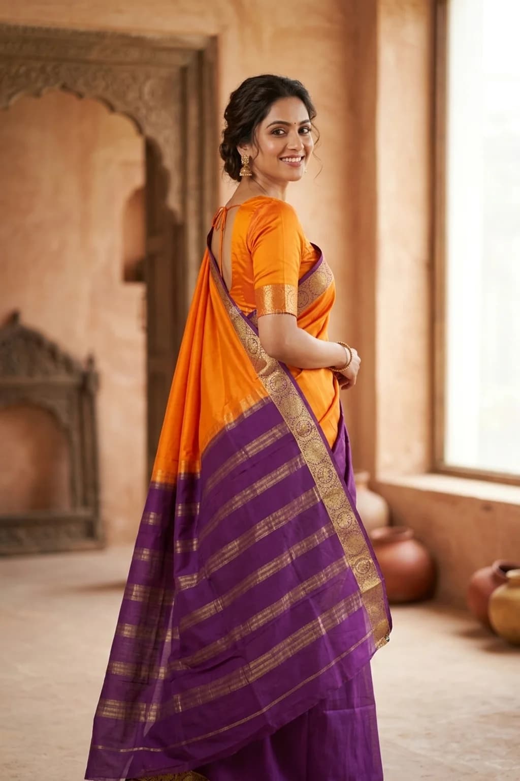 Tangerine and Violet Mysore Silk Saree with a Contrast Border and Woven Design. – Model Displaying Full Saree