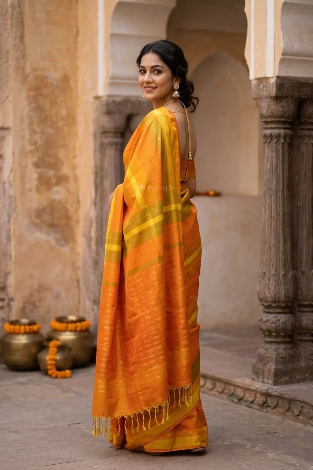 Tangerine Orange Soft Silk Saree with Medium Woven Design, No Border. – Model Displaying Full Saree