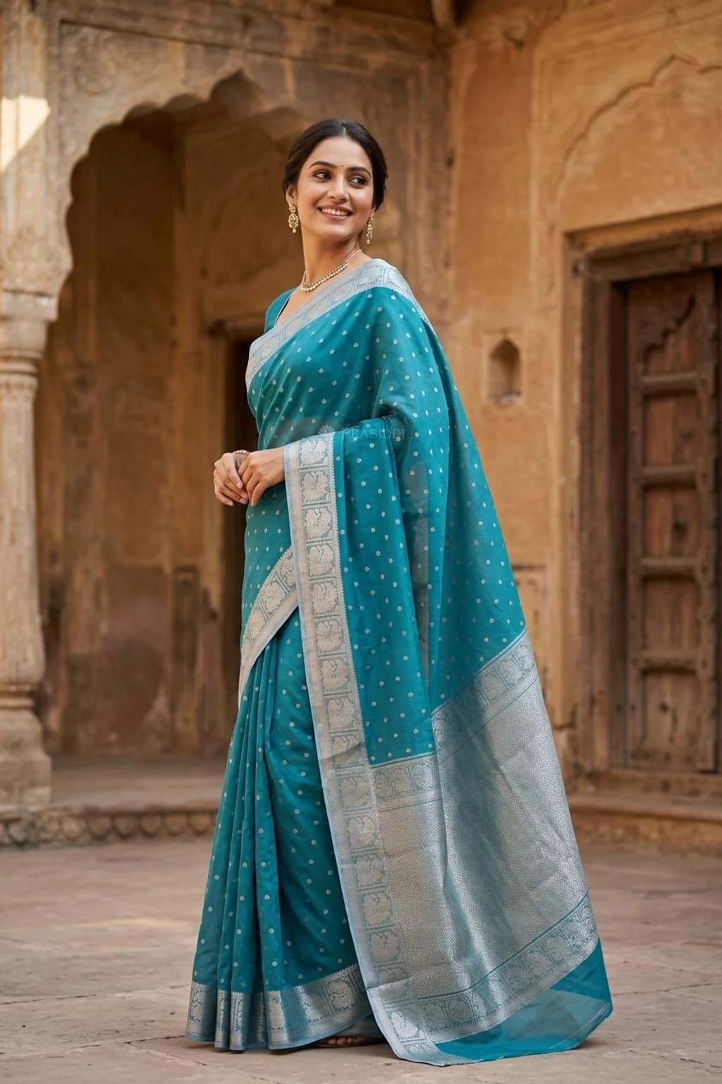 Teal Blue Silk Cotton Saree with Designer Border – Model Displaying Full Saree