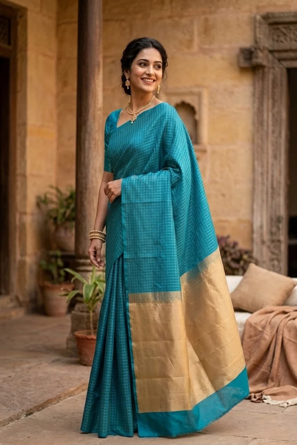 Teal Blue Soft Silk Saree with a Classical Border and Beige Pallu – Model Displaying Full Saree