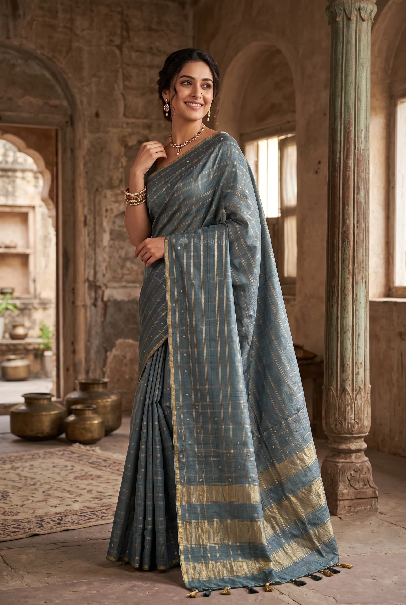 Teal Green Embroidered Tussar Silk Saree with Multicolor Border – Model Displaying Full Saree