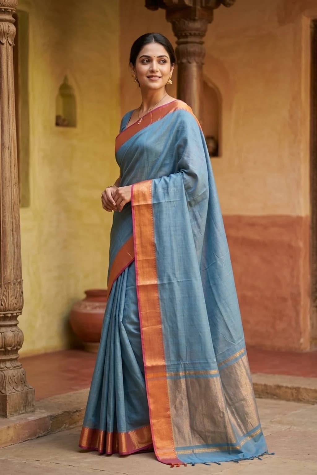 Teal Mangalgiri Cotton Saree with Minimal Border and Woven Design. – Model Displaying Full Saree