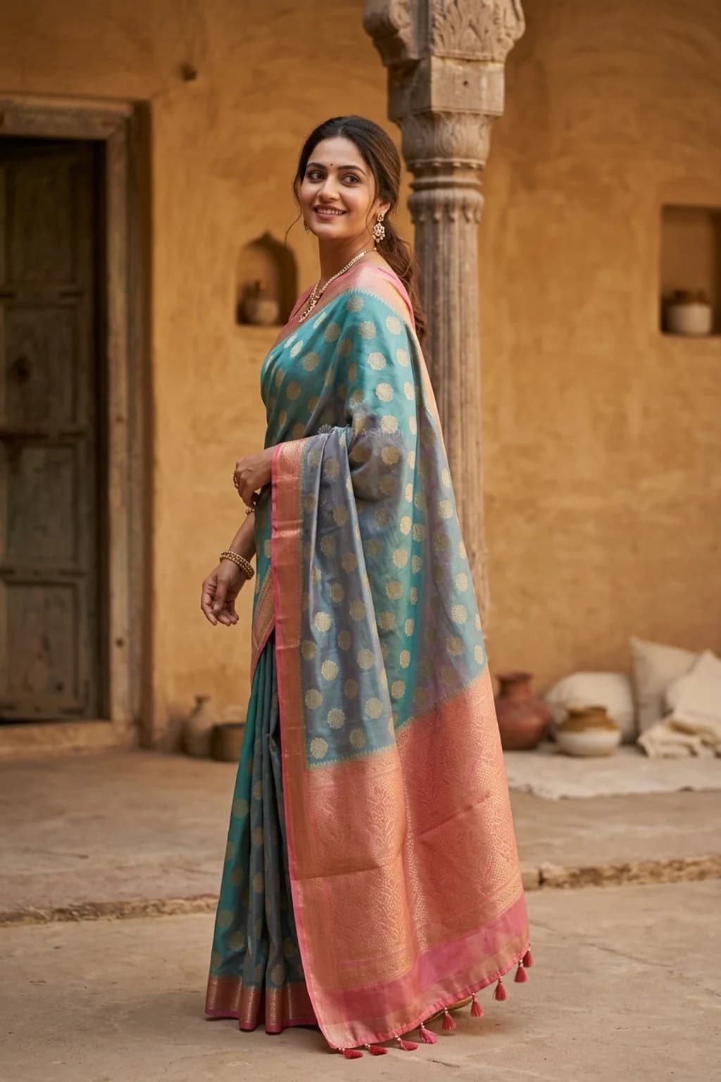 Teal Silk Cotton Saree with Dusty Rose Butti Motifs and Contrast Border. – Model Displaying Full Saree