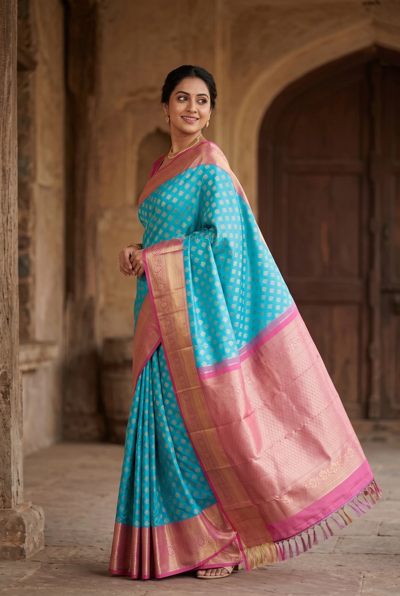Turquoise and Dusty Rose Silk Saree with Designer Border and Grand Pallu. – Model Displaying Full Saree