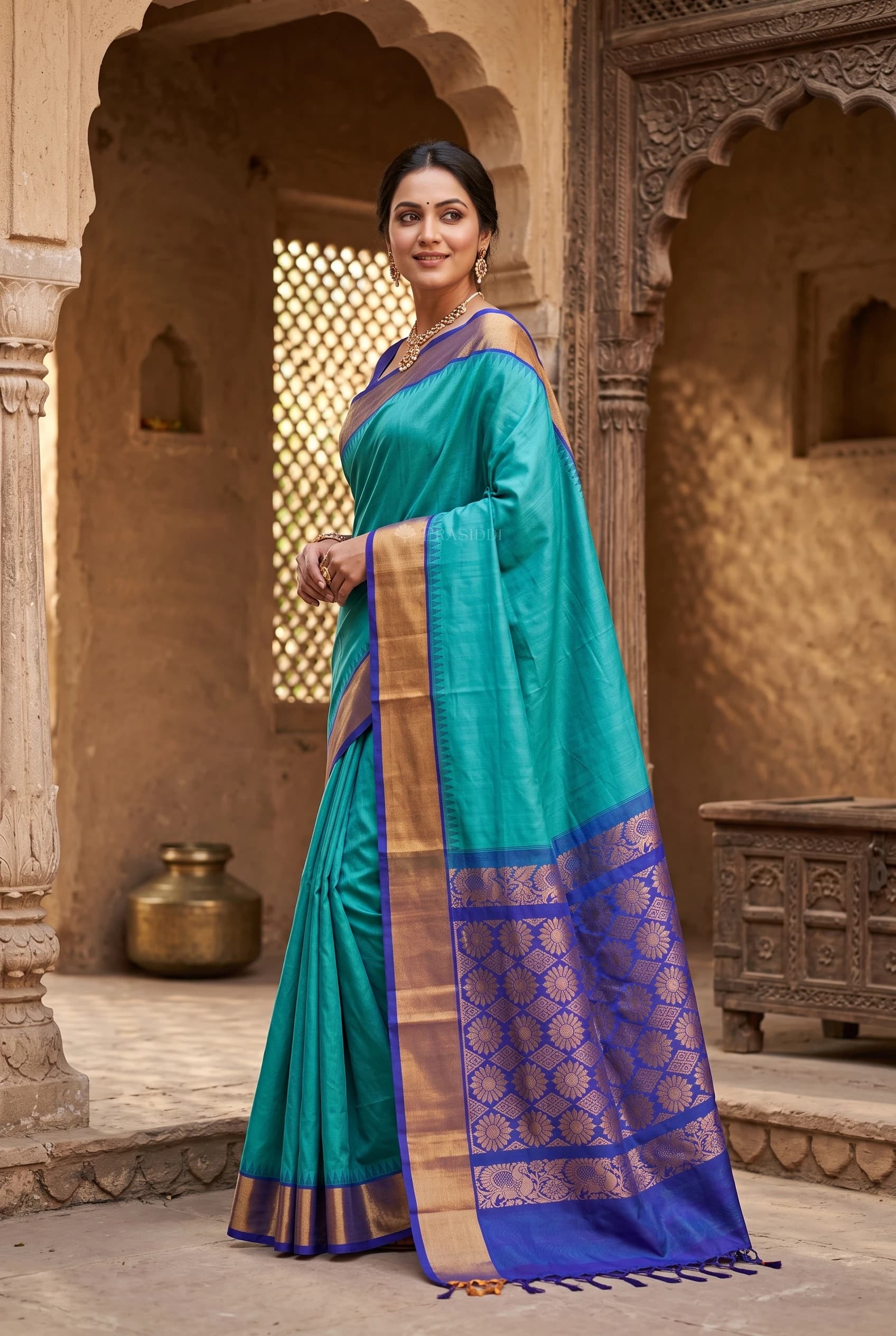 Turquoise and Royal Blue Pattur Silk Cotton Saree with Classical Border Design. – Model Displaying Full Saree