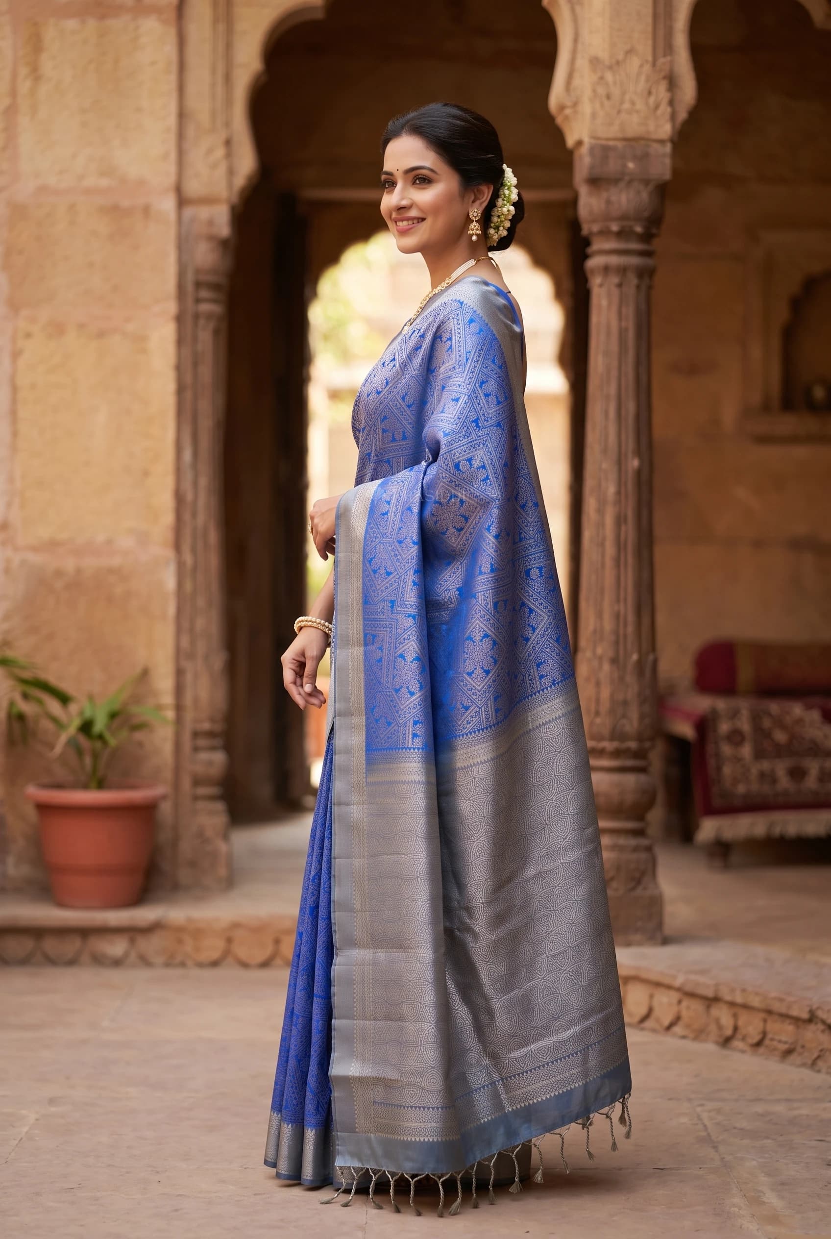 Ultra Violet and Muted Grey Soft Silk Saree with Contrast Border and Grand Pallu. – Model Displaying Full Saree