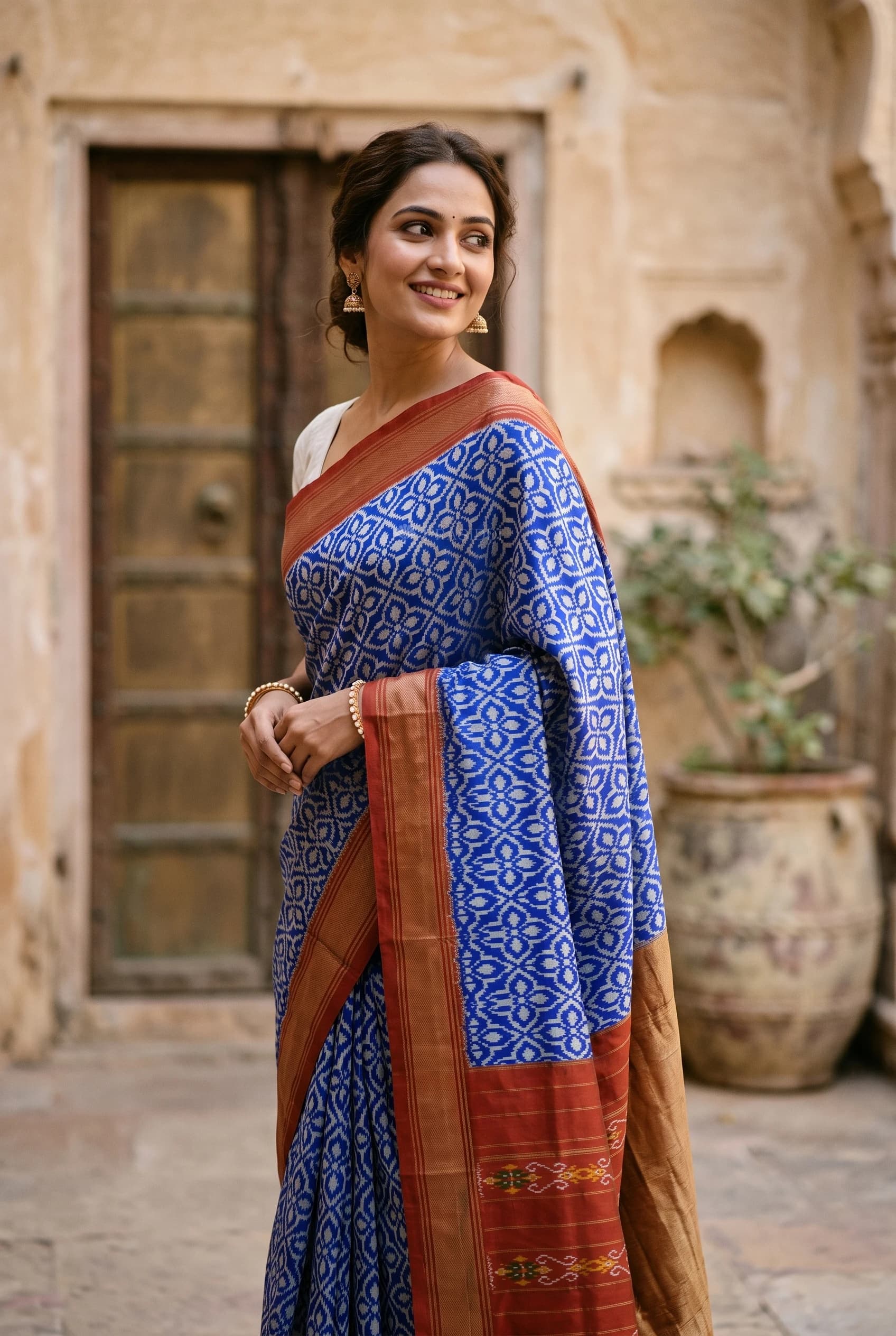 Ultra Violet and Rust Ikat Silk Saree with Contrast Border and Woven Zari – Model Displaying Full Saree