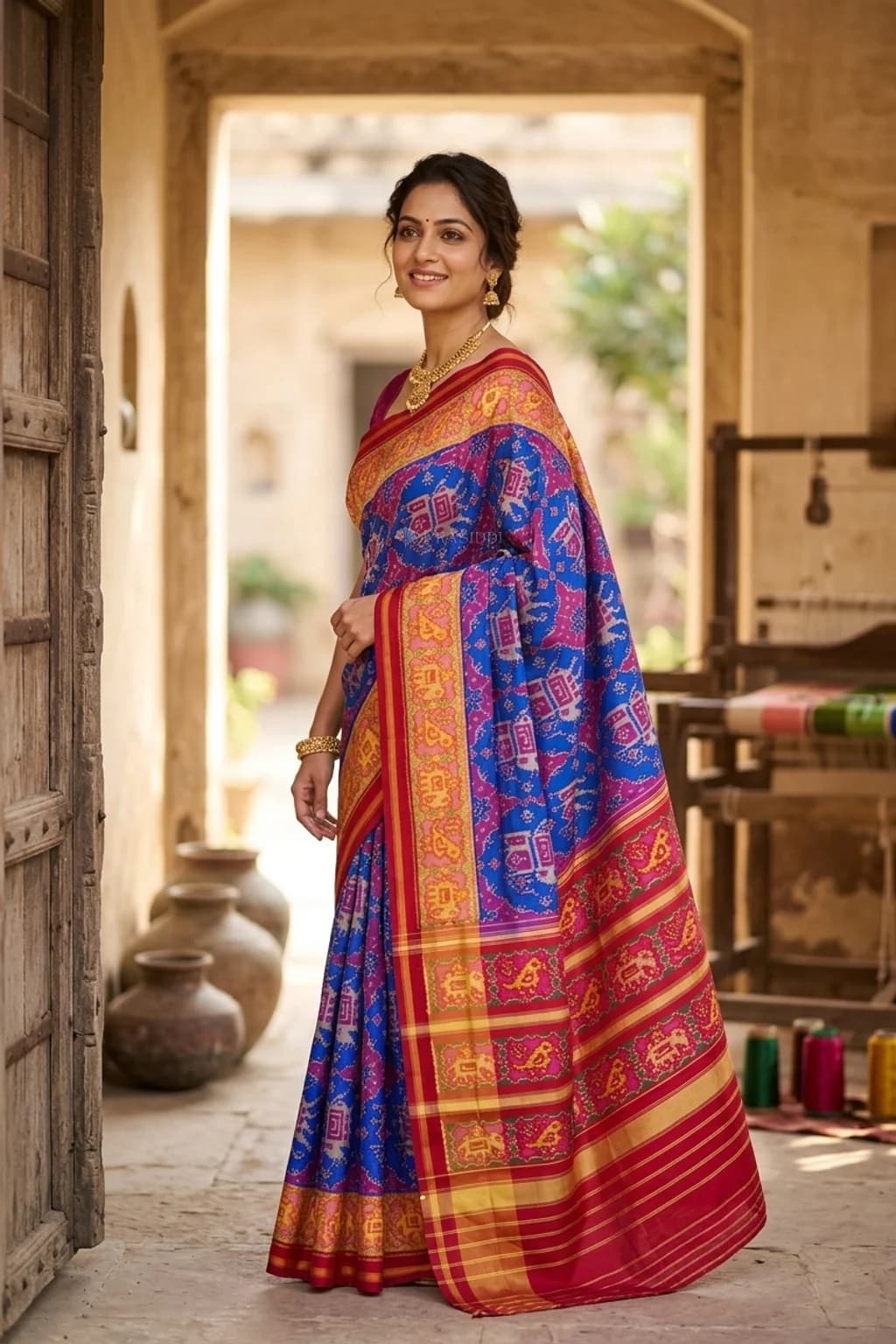 Ultra Violet and Rust Patola Silk Saree with Classical Border and Woven Zari – Model Displaying Full Saree