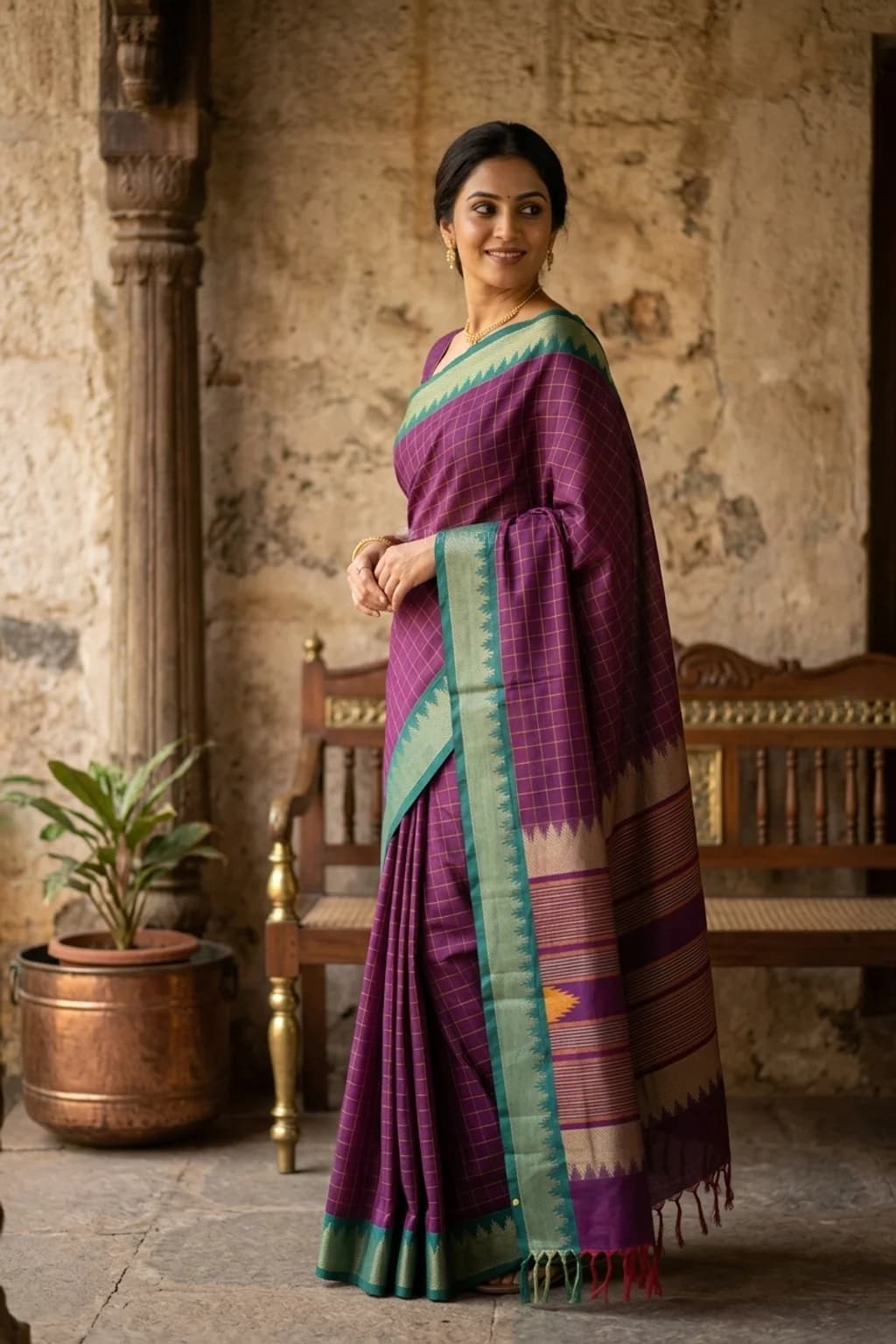 Violet and Green Tadapathri Cotton Saree with a Brown Pallu and Classical Border. – Model Displaying Full Saree