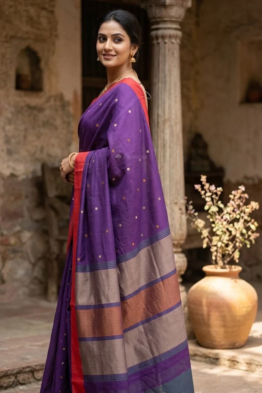 Violet and Red Butti Tadapathri Cotton Saree with a Contrast Border. – Display Image