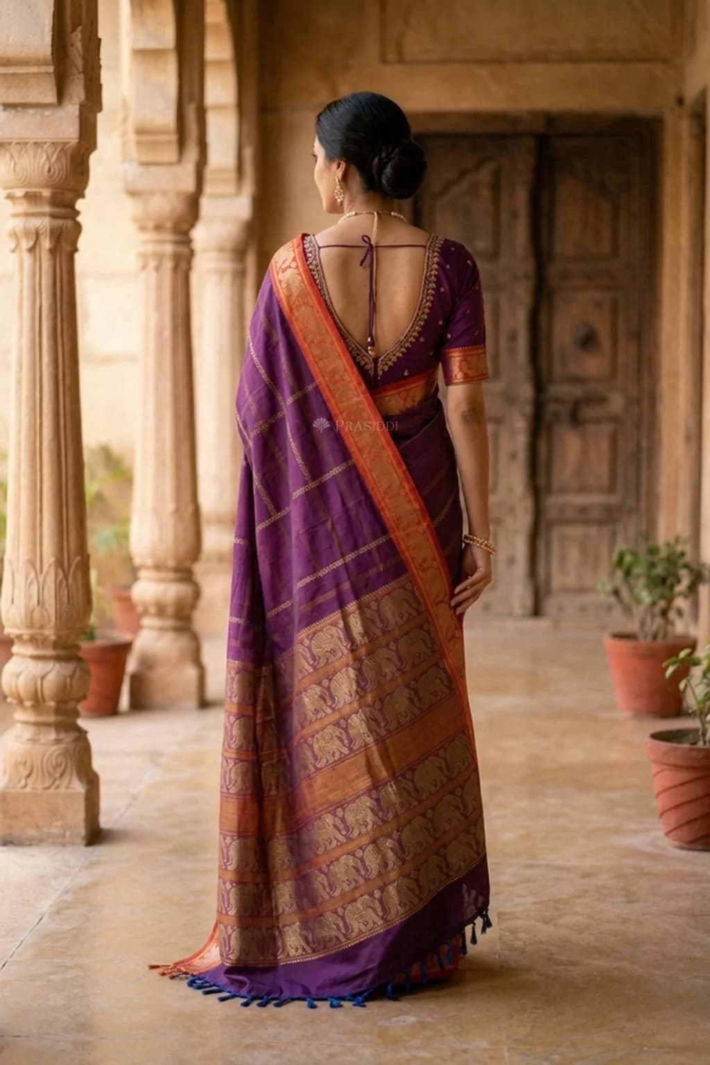 Violet and Rust Tadapathri Cotton Saree with a Contrast Border – Model Displaying Full Saree