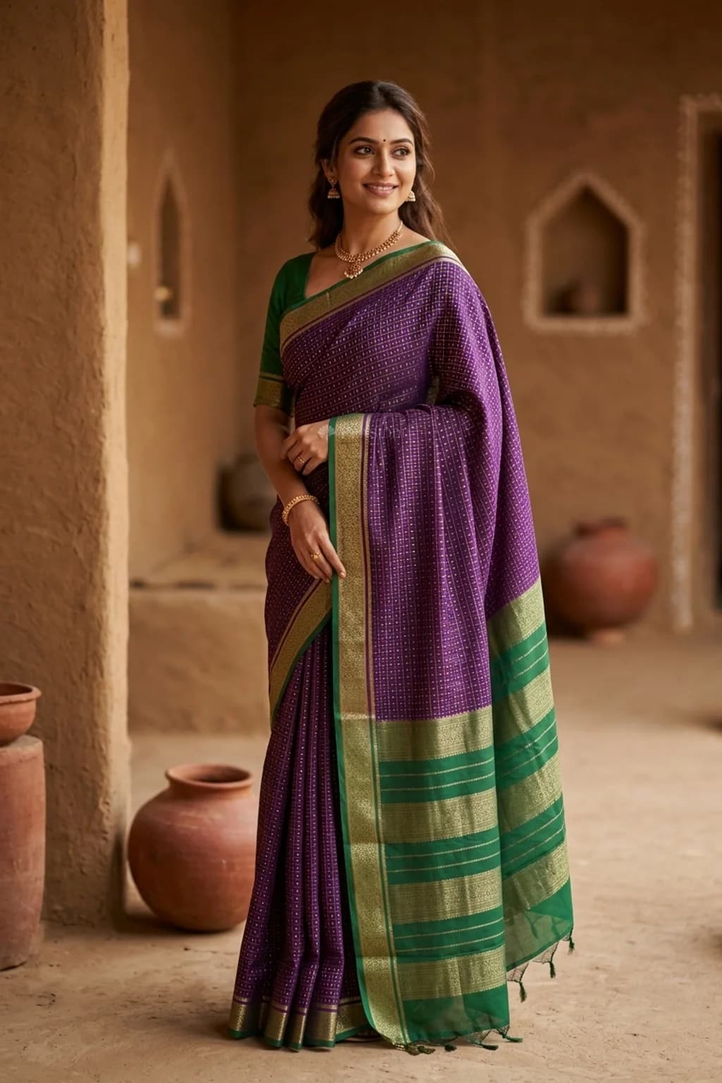 Violet Mysore Silk Saree with a Bottle Green Contrast Border and Intricate Woven Zari Work. – Model Displaying Full Saree