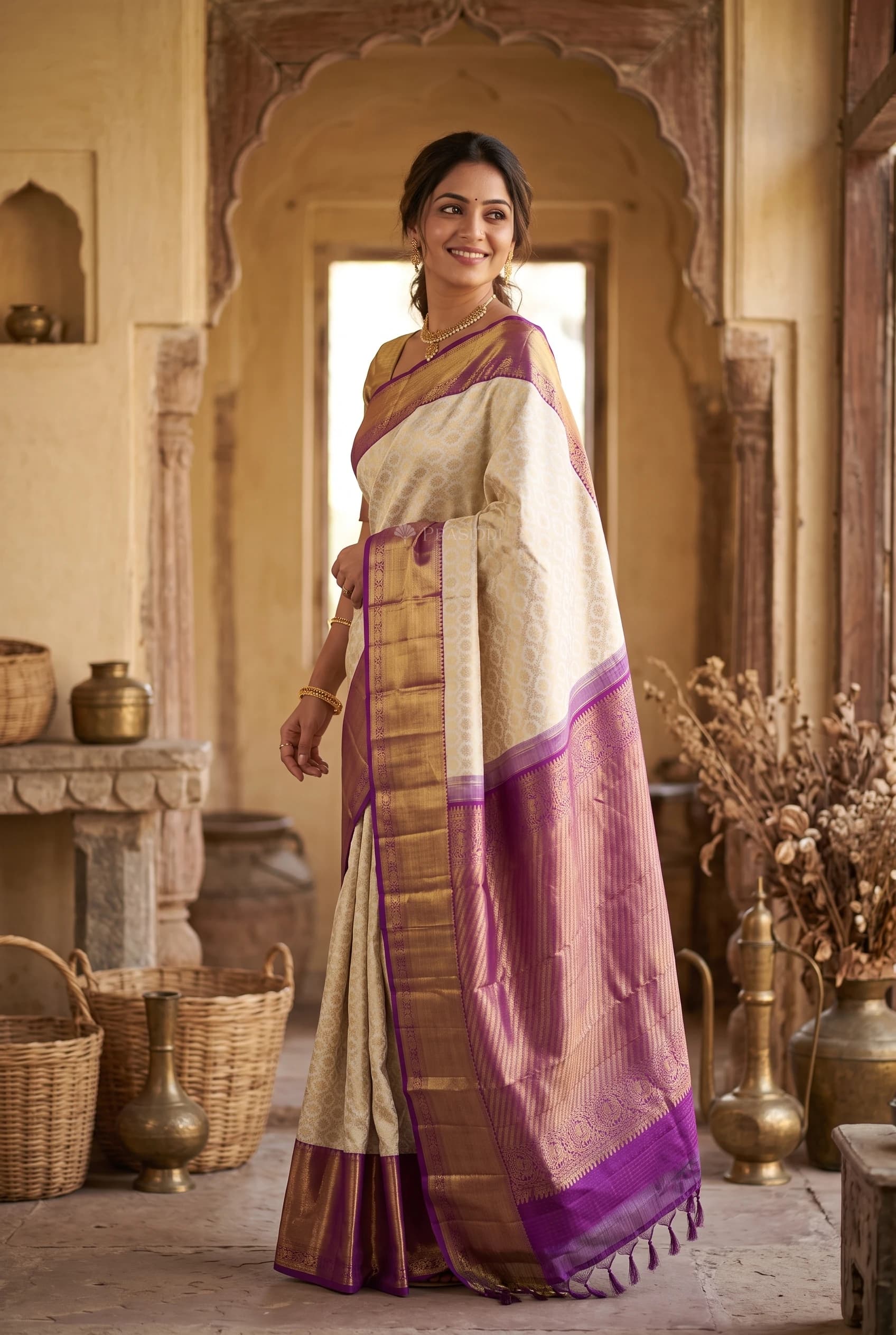 White and Midnight Blue Silk Saree with Contrast Woven Zari Border – Model Displaying Full Saree