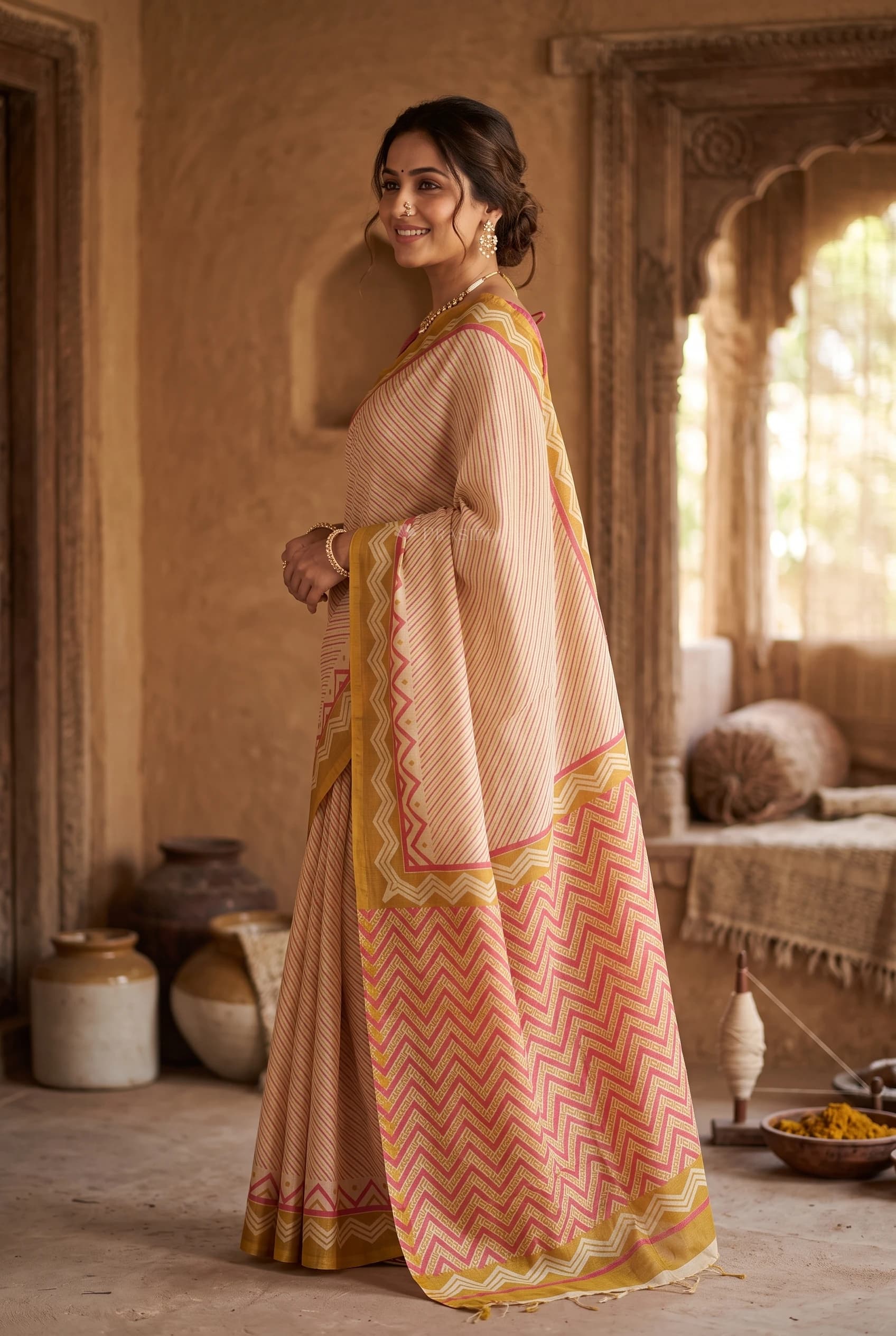 White Pinkish Rust Maheshwari Silk Cotton Saree with Minimal Border and Printed Design. – Model Displaying Full Saree