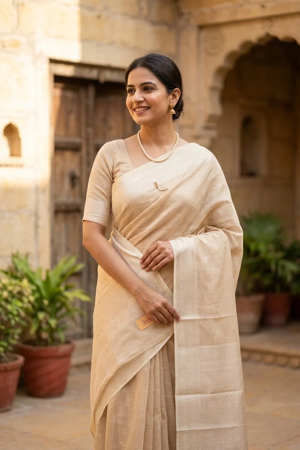 White Silk Cotton Saree Featuring Butti Design and Classical Border. – Model Displaying Full Saree