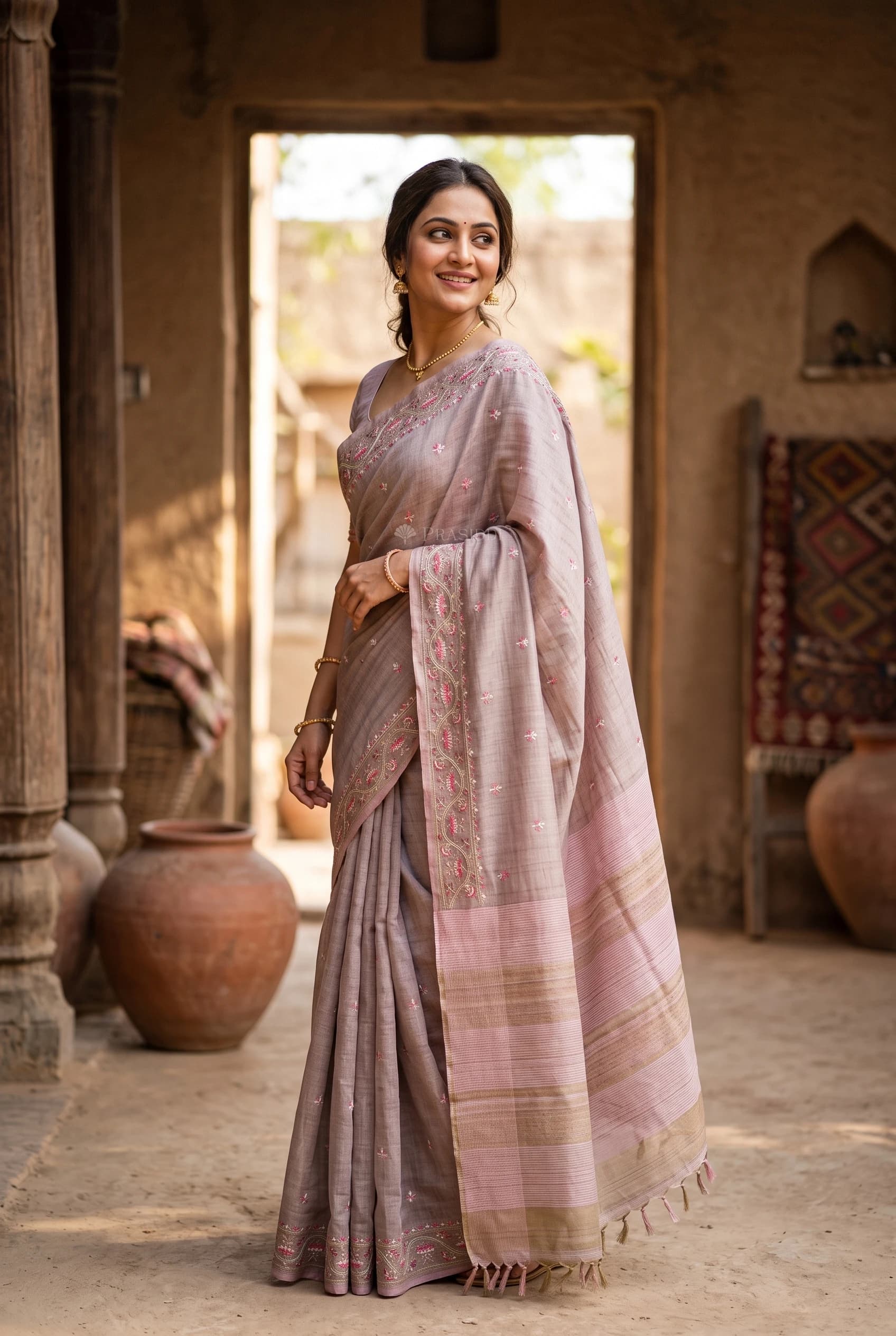 Wisteria Embroidered Tussar Silk Saree with Designer Border – Model Displaying Full Saree