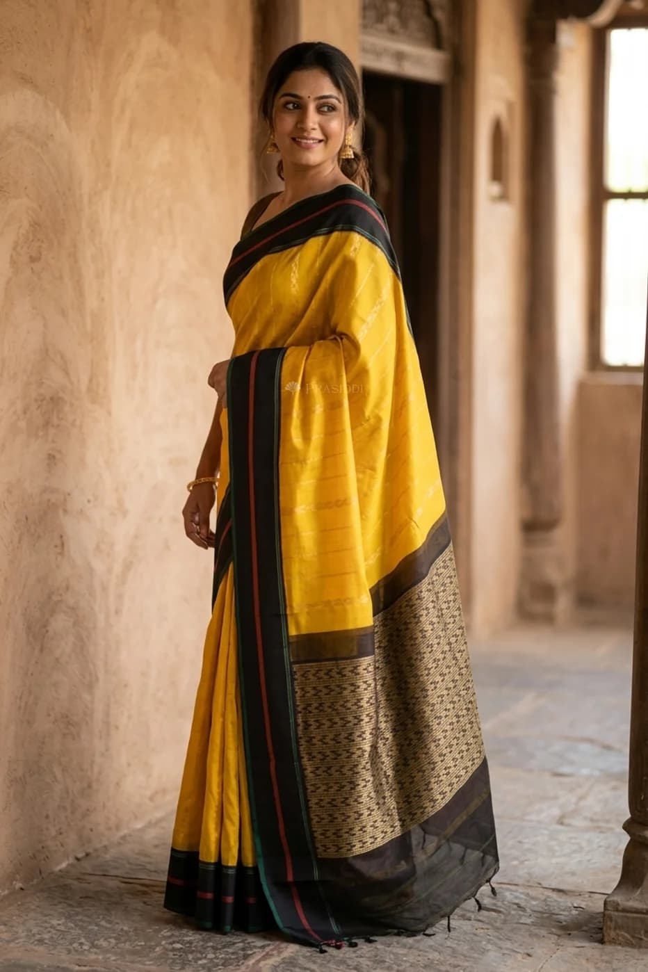 Yellow and Black Contrast Border Soft Silk Saree with Woven Design. – Display Image