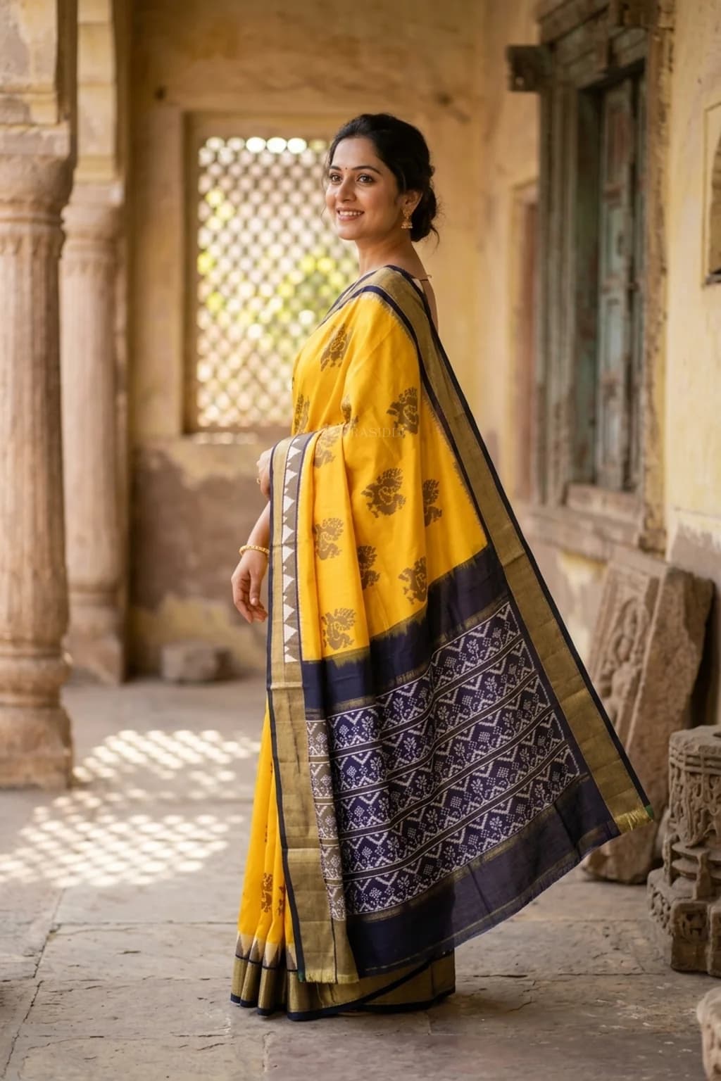 Yellow and Dark Grey Ikat Silk Saree with Classical Border – Model Displaying Full Saree